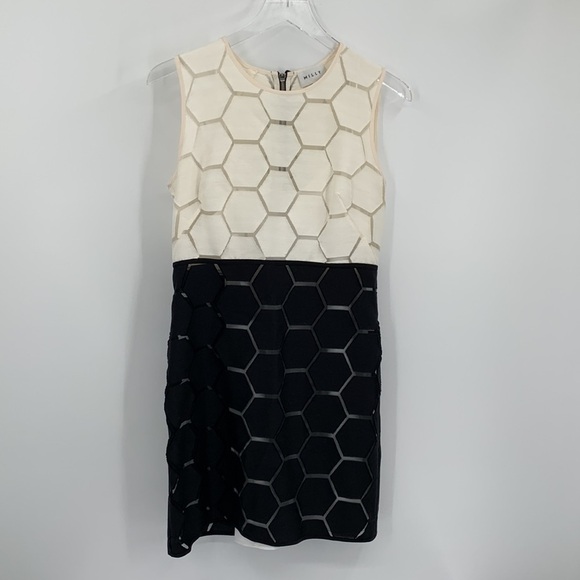 Milly black cream colorblock sleeveless shift sheath dress hexagon sheer 2 - Picture 1 of 4